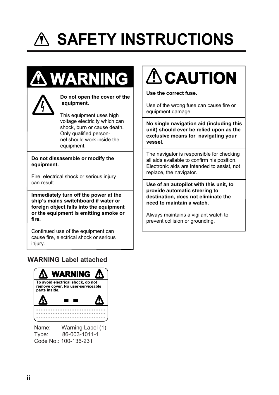 Safety instructions caution, Warning | Furuno DUAL GPS GP-150-DUAL User Manual | Page 4 / 130