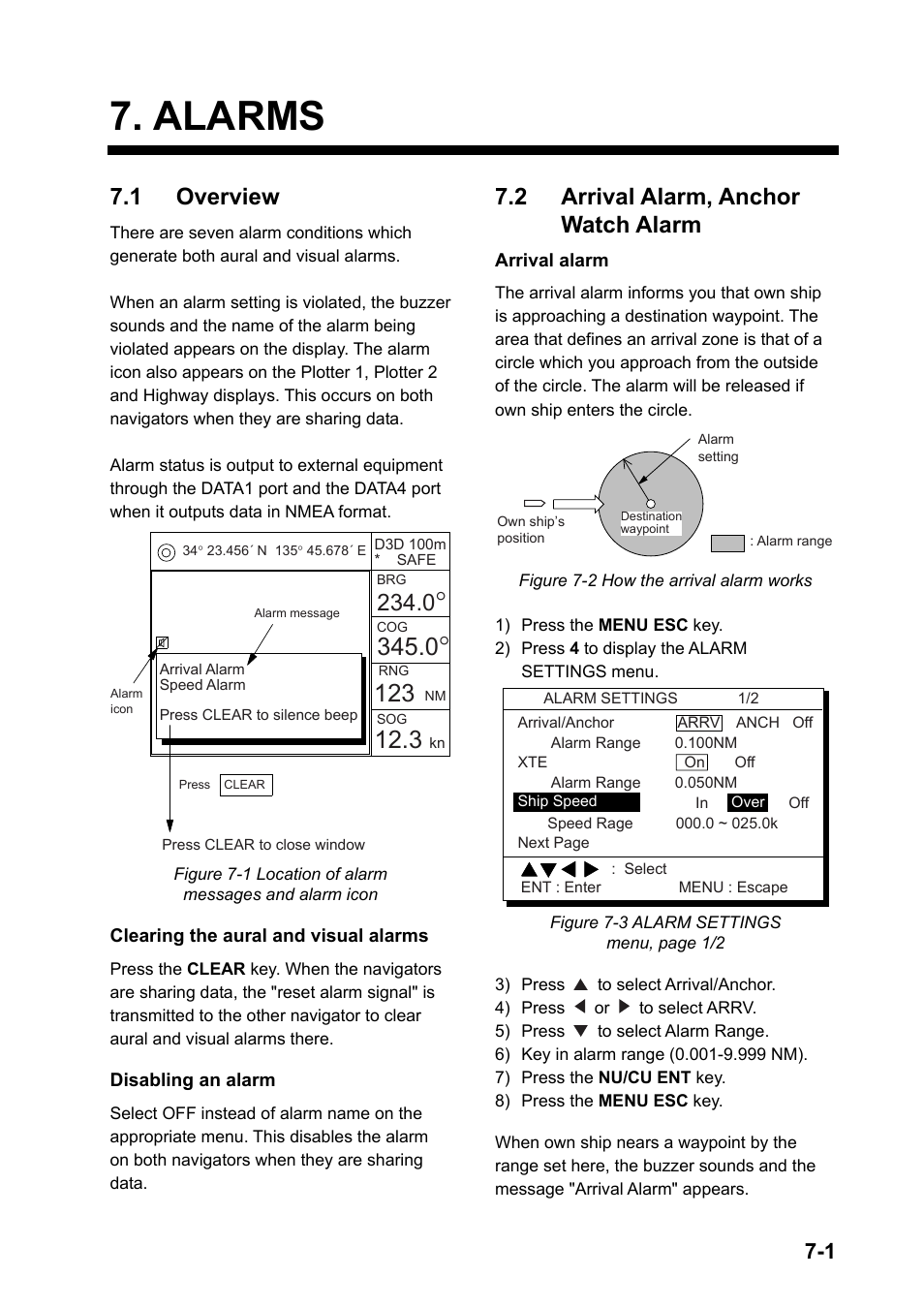Alarms, 1 overview, 2 arrival alarm, anchor watch alarm | Furuno DUAL GPS GP-150-DUAL User Manual | Page 49 / 130