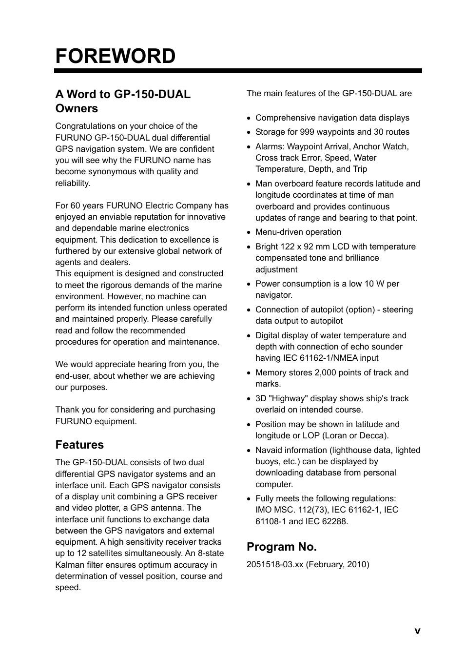 Foreword, A word to gp-150-dual owners, Features | Program no | Furuno DUAL GPS GP-150-DUAL User Manual | Page 7 / 130