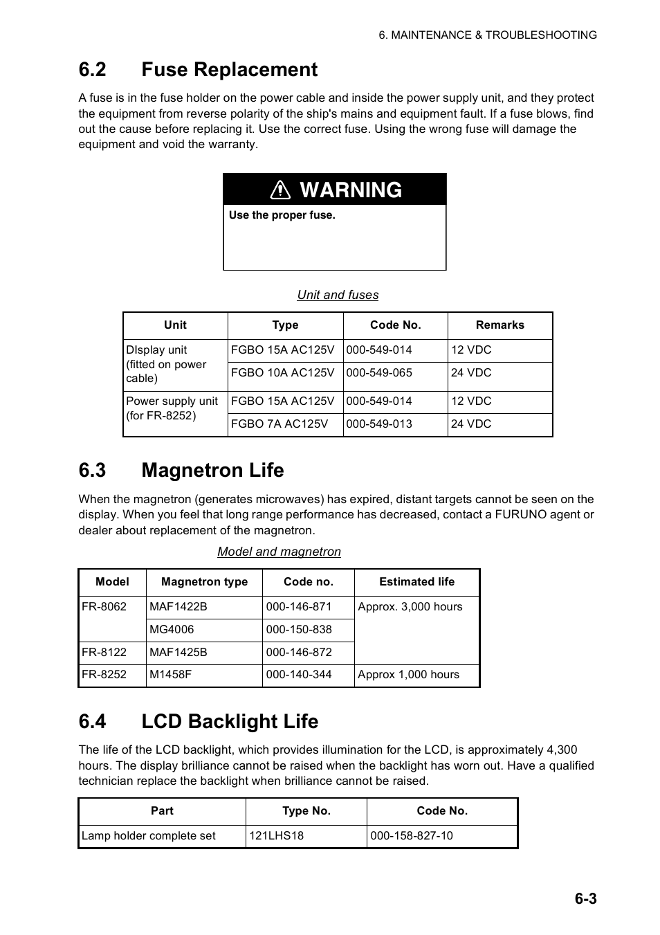 2 fuse replacement, 3 magnetron life, 4 lcd backlight life | Warning | Furuno FR-8122 EU User Manual | Page 102 / 120