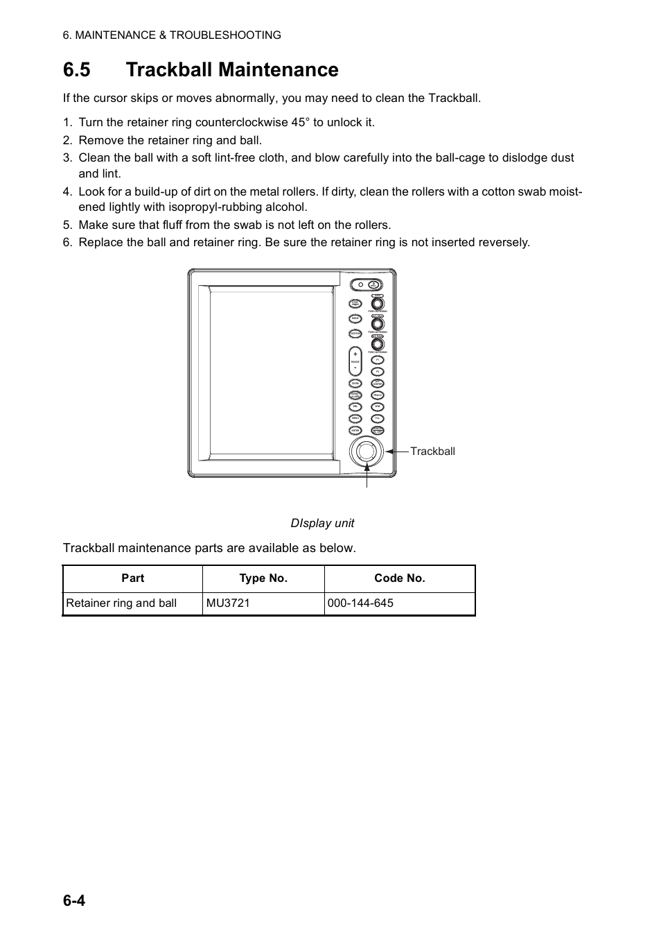 5 trackball maintenance, Trackball maintenance parts are available as below, Maintenance & troubleshooting | Retainer ring | Furuno FR-8122 EU User Manual | Page 103 / 120