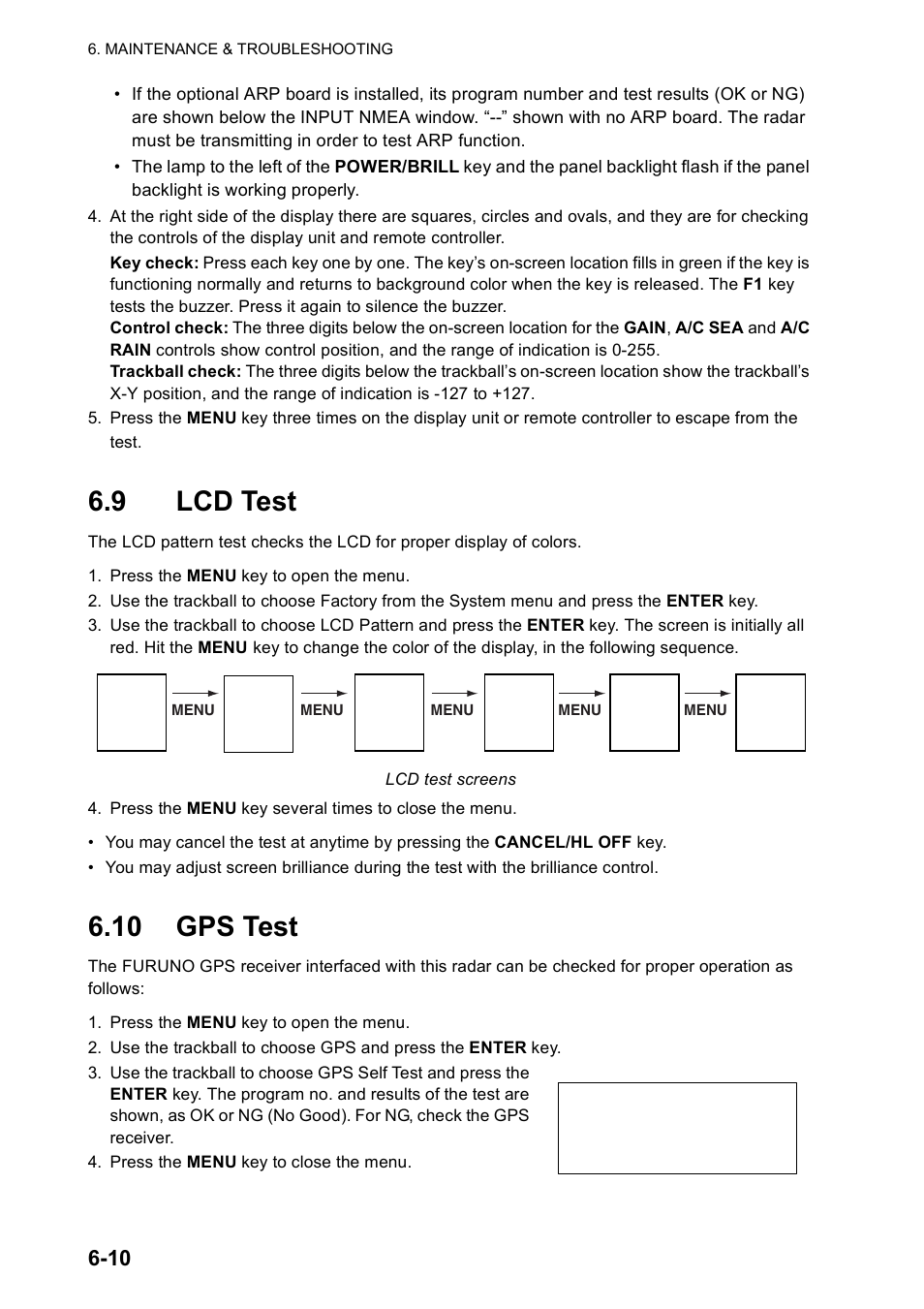 9 lcd test, 10 gps test | Furuno FR-8122 EU User Manual | Page 109 / 120