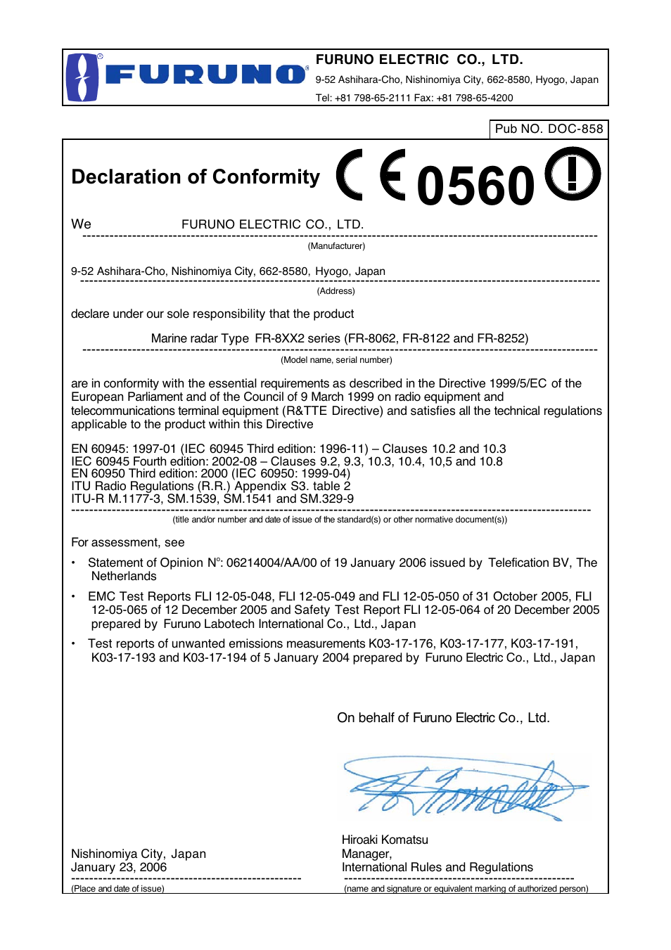 Declaration of conformity | Furuno FR-8122 EU User Manual | Page 120 / 120