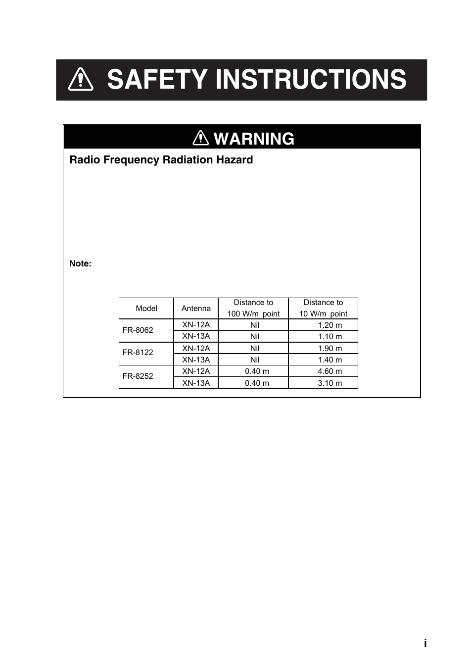 Safety instructions, Warning, Radio frequency radiation hazard | Furuno FR-8122 EU User Manual | Page 2 / 120