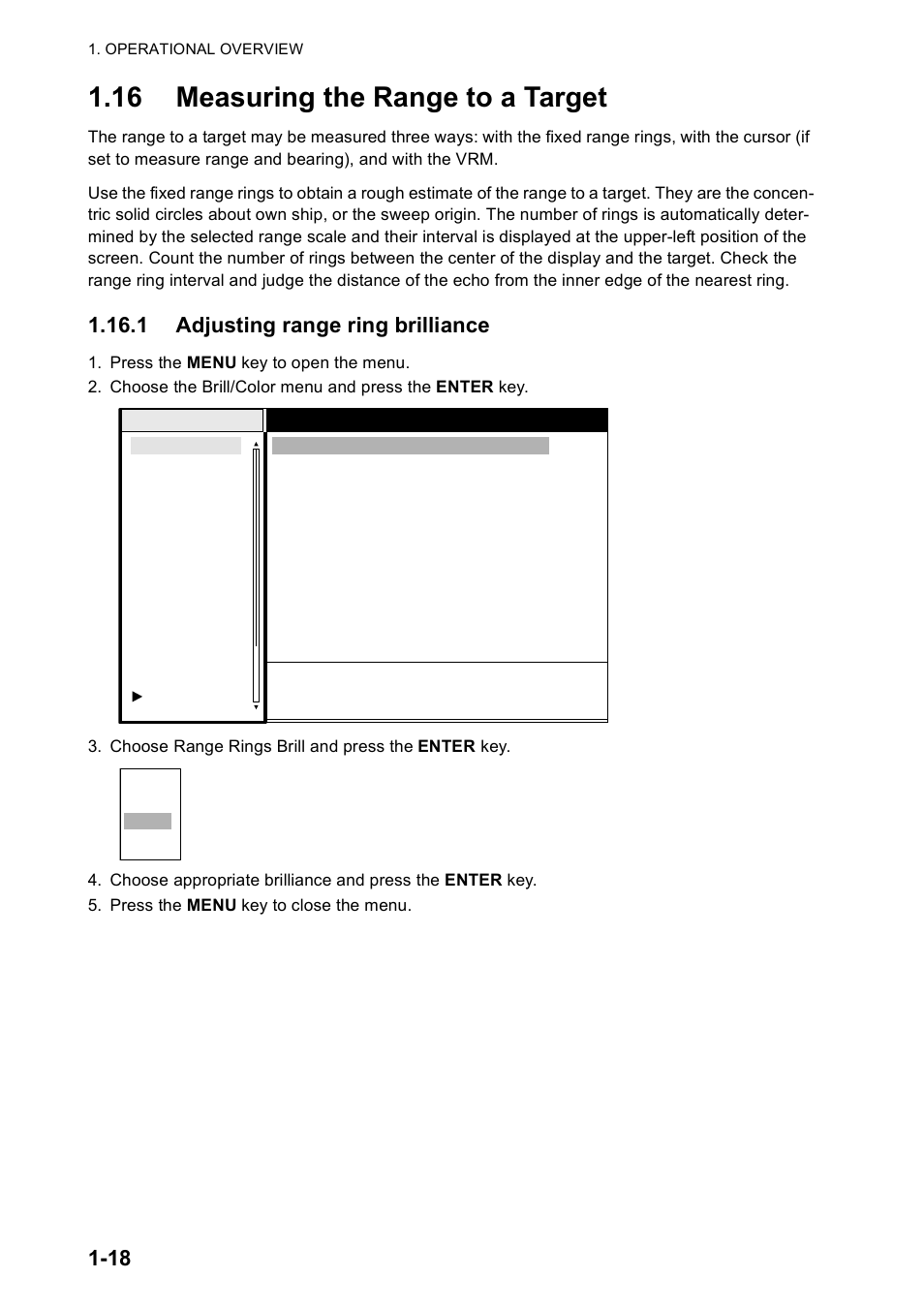 16 measuring the range to a target, 1 adjusting range ring brilliance | Furuno FR-8122 EU User Manual | Page 29 / 120