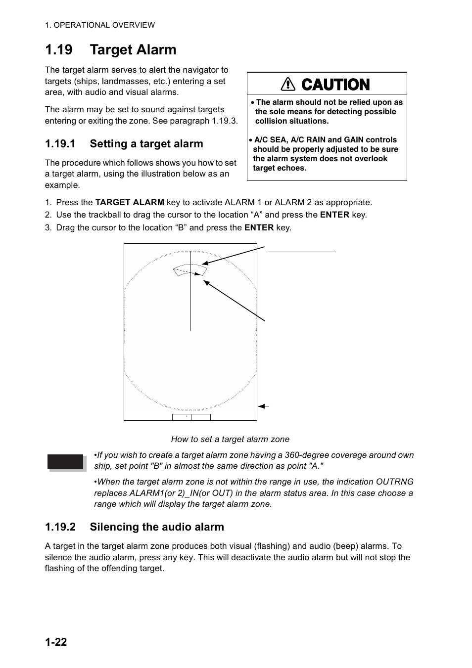 19 target alarm, Caution, 1 setting a target alarm | 2 silencing the audio alarm | Furuno FR-8122 EU User Manual | Page 33 / 120