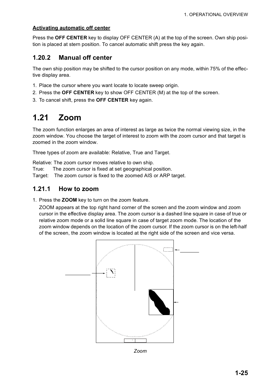 21 zoom, 2 manual off center, 1 how to zoom | Furuno FR-8122 EU User Manual | Page 36 / 120