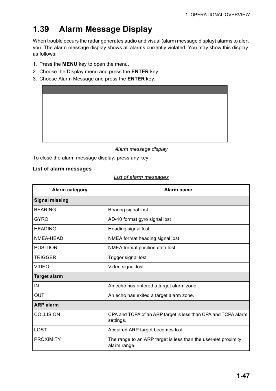 39 alarm message display, Alarm message | Furuno FR-8122 EU User Manual | Page 58 / 120