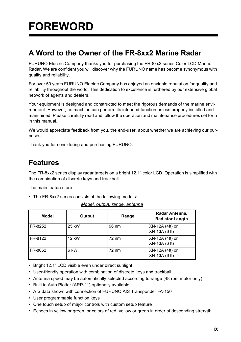 Foreword, A word to the owner of the fr-8xx2 marine radar, Features | Furuno FR-8122 EU User Manual | Page 8 / 120