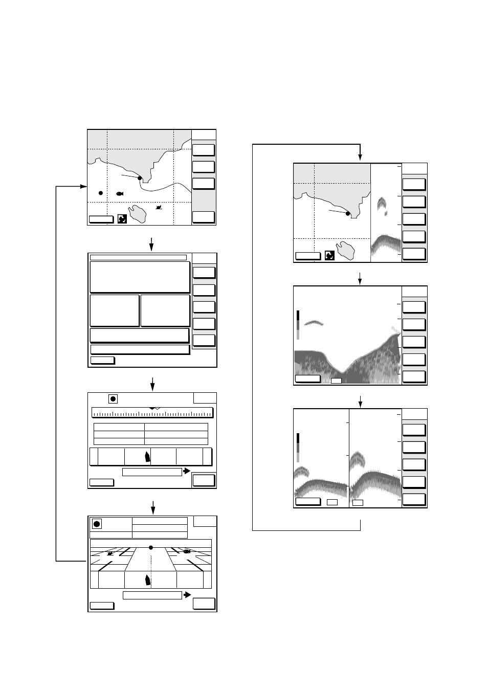 5 plotter displays, 6 sounder displays, Q p < 0 1 | Display modes (plotter), Operational overview, Plotter display, Nav data display] [steering display, Highway display, Plotter/sounder display] [normal sounder display, Dual-frequency display | Furuno GP-1650WDF User Manual | Page 12 / 113