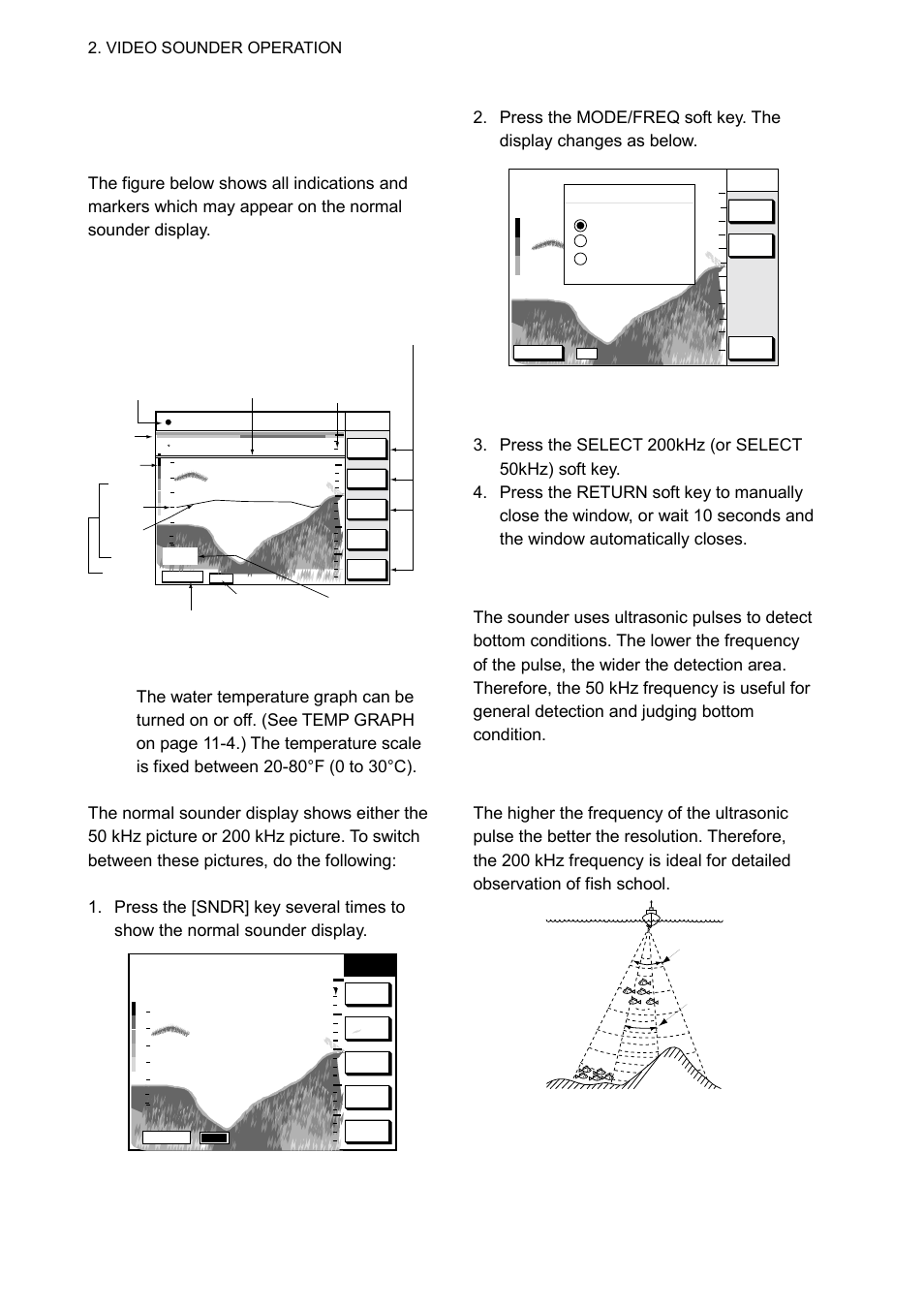 2 sounder display description, Normal sounder display indications, markers, 50 khz picture | 200 khz picture, Comparison of transducer frequencies | Furuno GP-1650WDF User Manual | Page 16 / 113