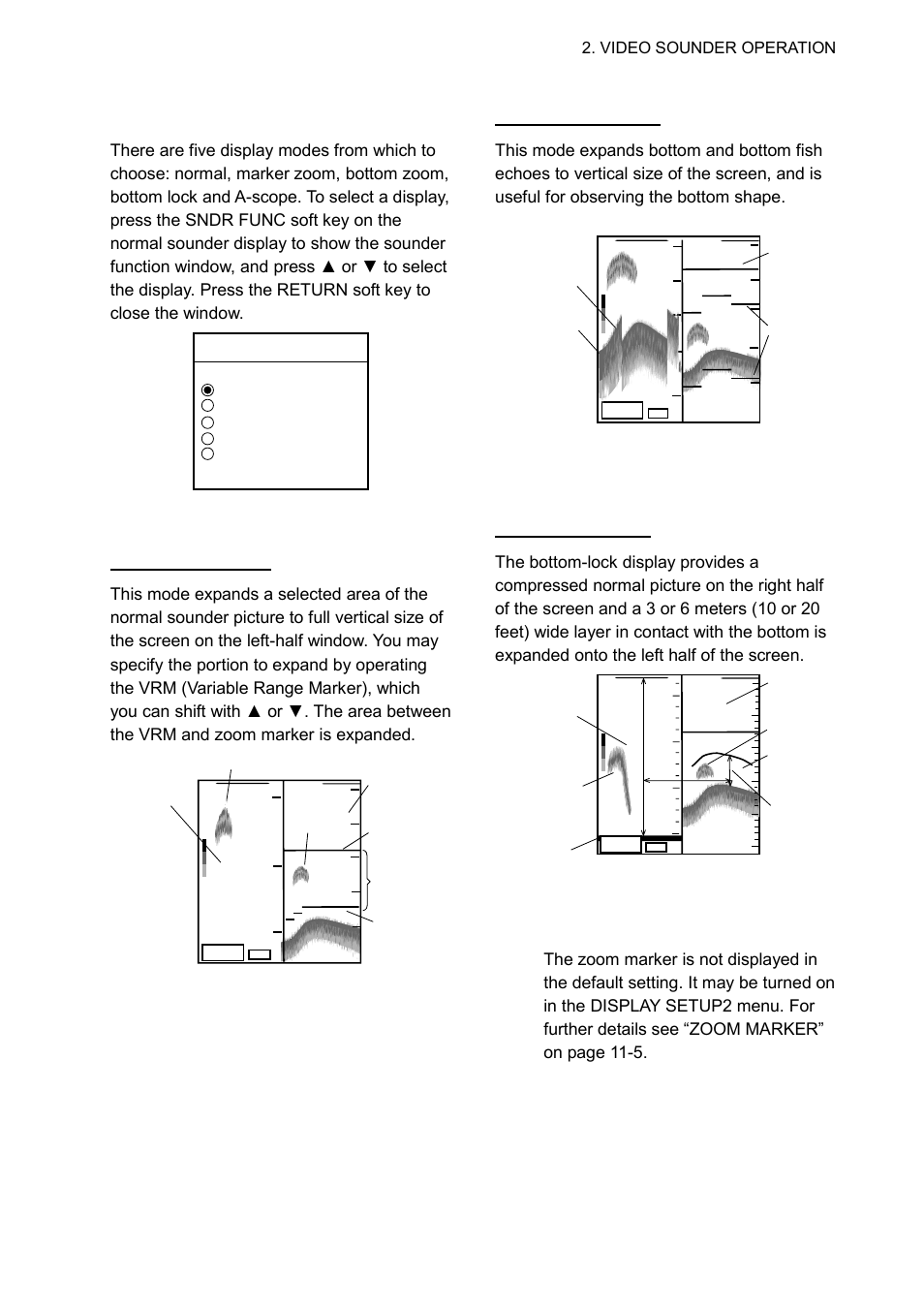 Selecting sounder display mode, Sounder function window, Marker-zoom display plus normal sounder display | Bottom-zoom display plus normal sounder display | Furuno GP-1650WDF User Manual | Page 17 / 113