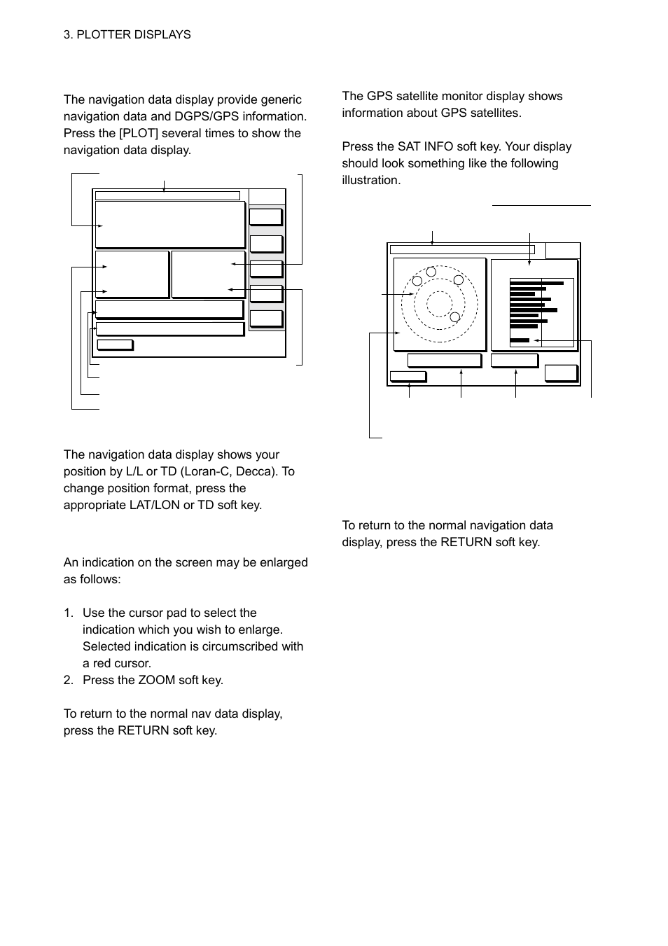 7 navigation data display, Enlarging an indication, Gps satellite monitor display | Furuno GP-1650WDF User Manual | Page 32 / 113