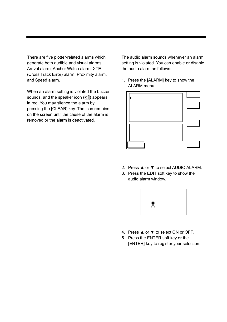 Plotter alarms, 1 introduction, 2 audio alarm on/off | Furuno GP-1650WDF User Manual | Page 63 / 113