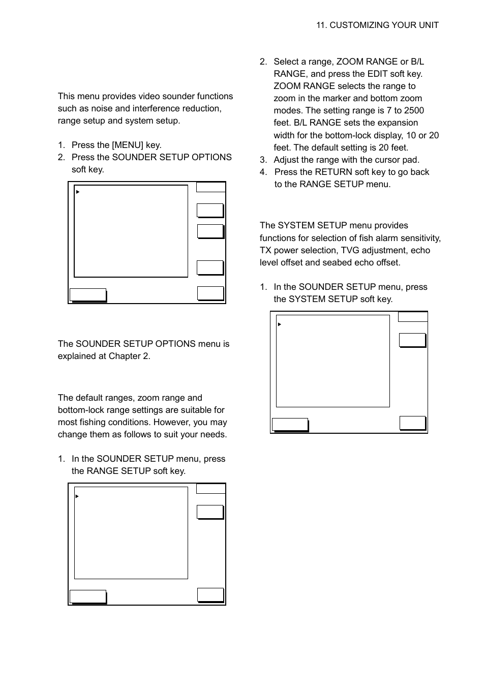 4 sounder setup options menu, Range setup soft key, System setup soft key | Furuno GP-1650WDF User Manual | Page 79 / 113