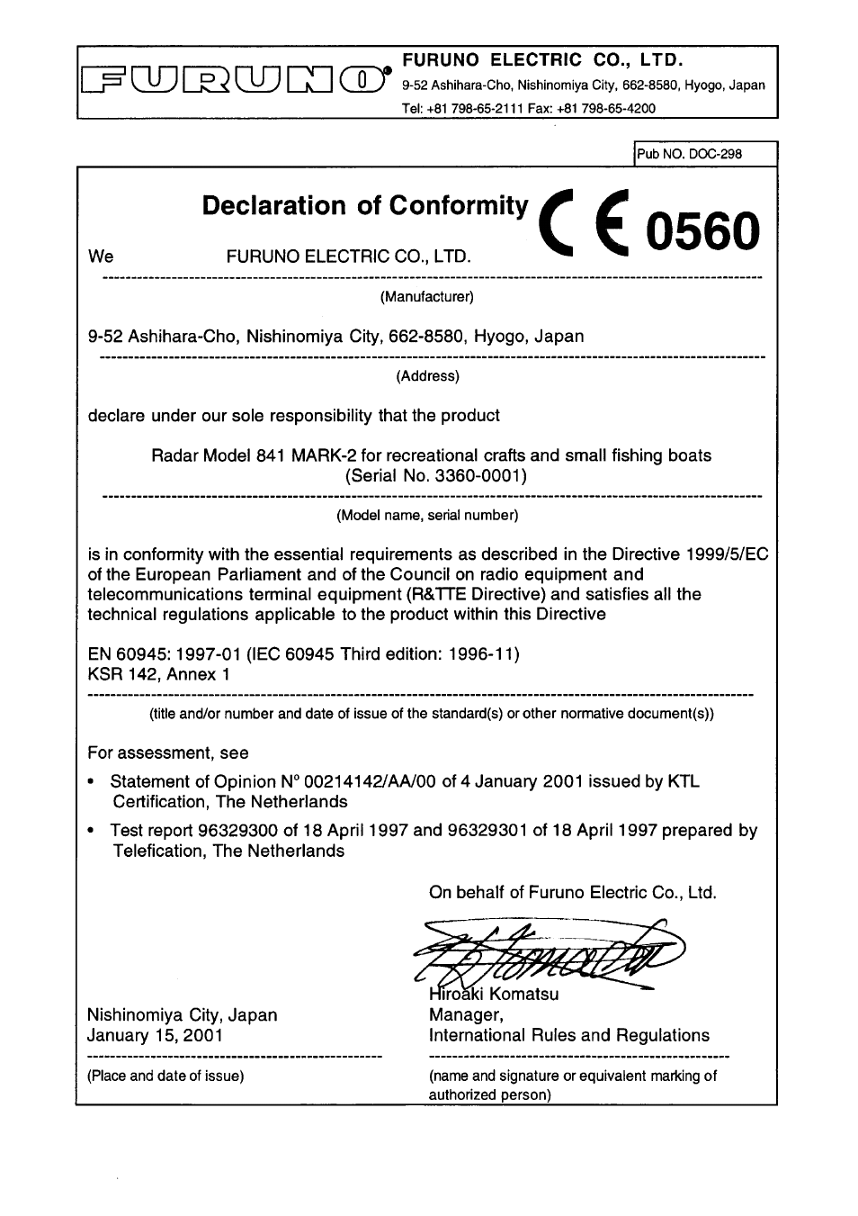 Declaration of conformity | Furuno 841 MARK-2 User Manual | Page 58 / 58