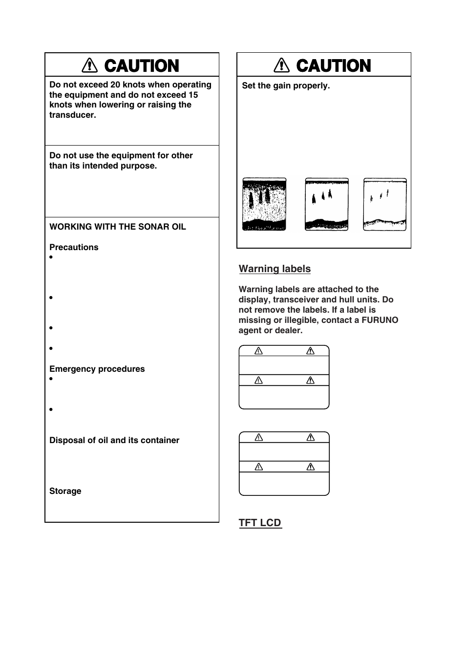 Caution, Warning labels, Tft lcd | Furuno CH-300 User Manual | Page 4 / 124