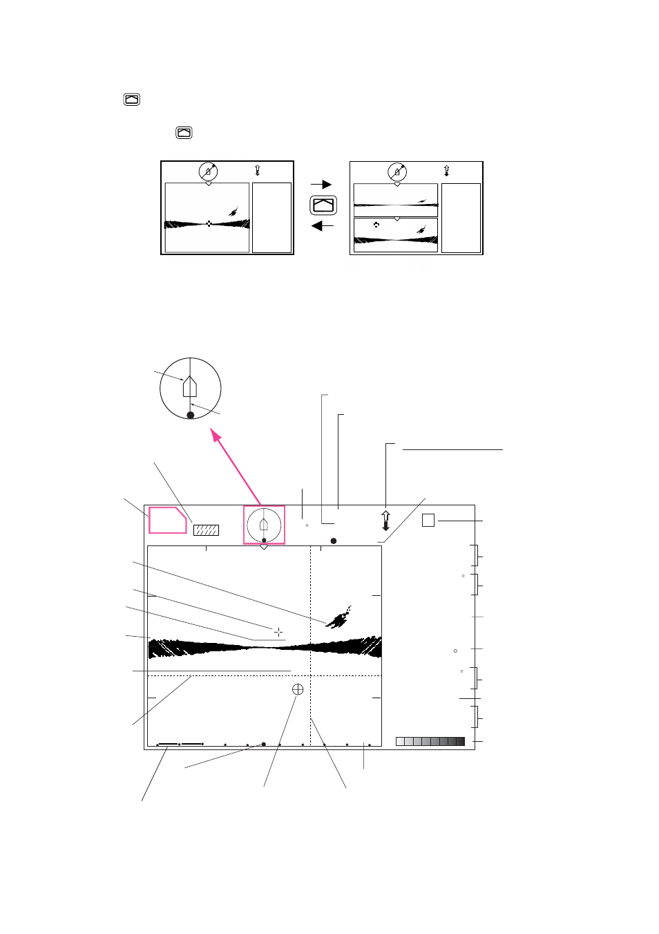 2 typical vertical scan mode display, Single-frequency vertical scan display | Furuno CH-300 User Manual | Page 60 / 124