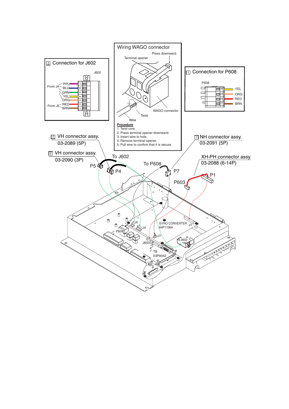 P603, P5 p4 p7, Connection for p608 | Connection for j602, Wiring wago connector | Furuno FAR-2157-D User Manual | Page 59 / 111