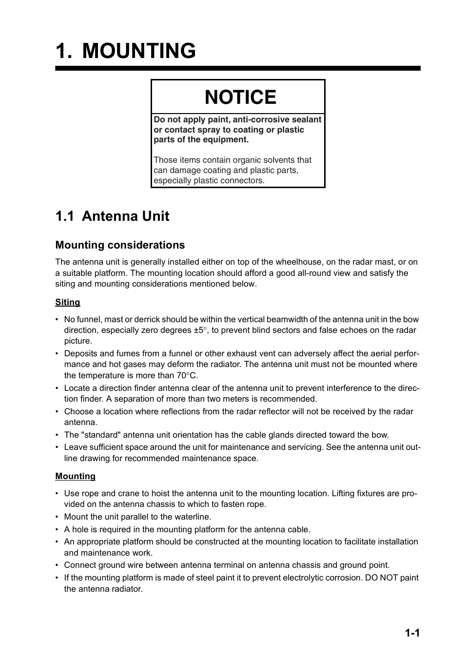 Mounting, 1 antenna unit, Notice | Furuno FAR-2157-D User Manual | Page 9 / 111