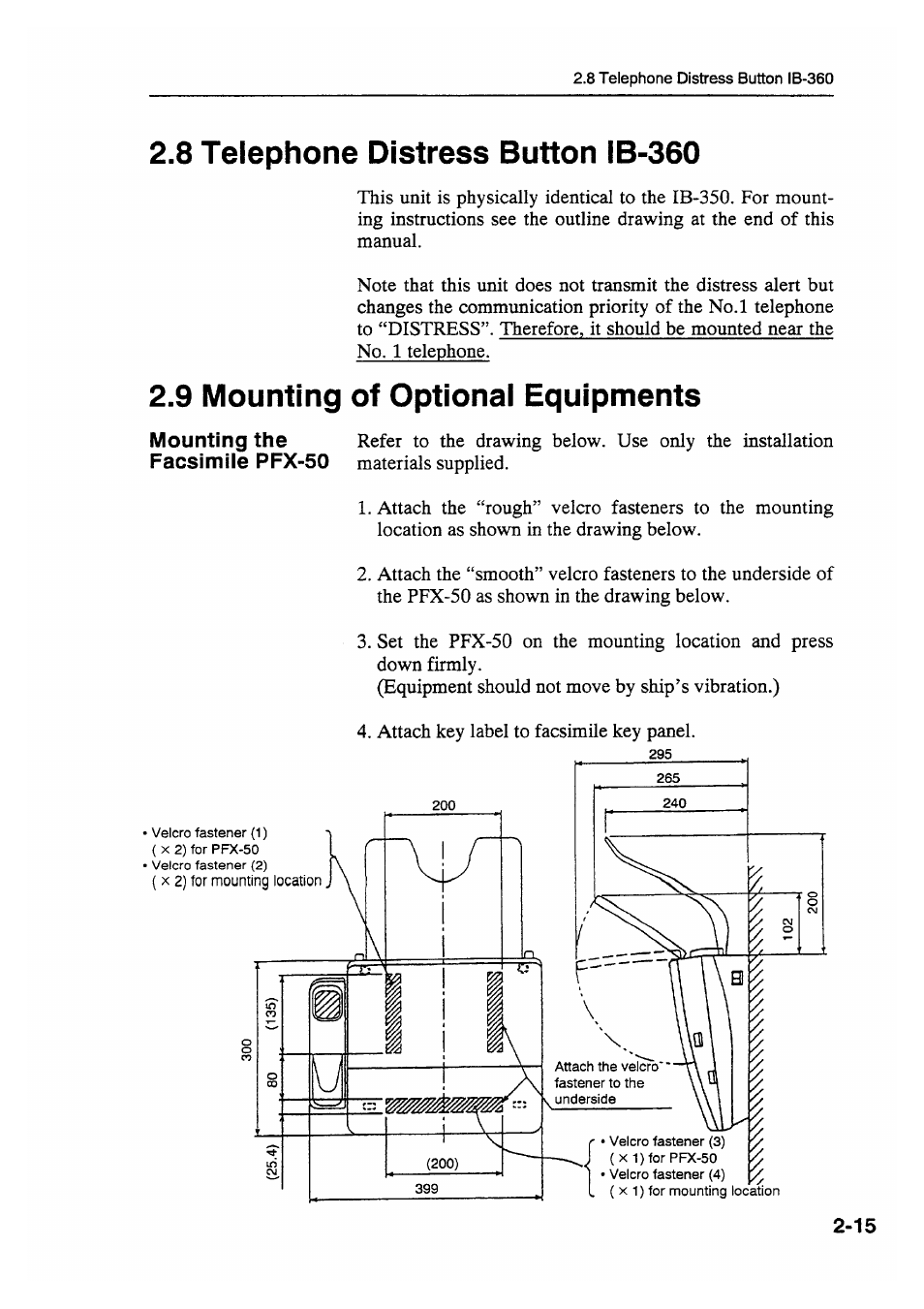 8 telephone distress button ib-360, 9 mounting of optional equipments | Furuno FELCOM 81B User Manual | Page 39 / 87