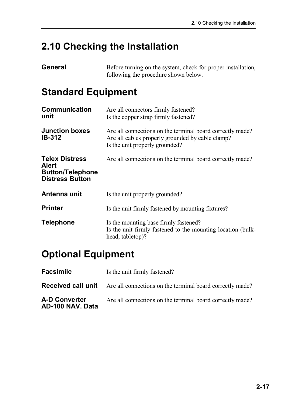 10 checking the installation, Standard equipment, Optional equipment | Furuno FELCOM 81B User Manual | Page 41 / 87