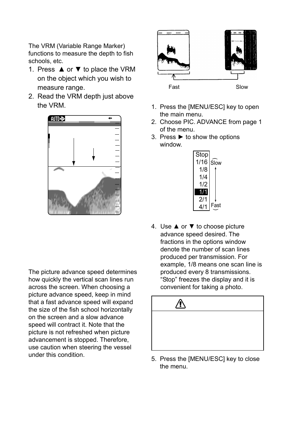 8 measuring depth, 9 choosing picture advance speed, Caution | Furuno Ls4100 User Manual | Page 14 / 48