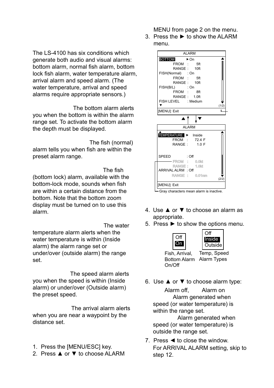 14 alarms, Alarm description, Activating an alarm | Furuno Ls4100 User Manual | Page 17 / 48
