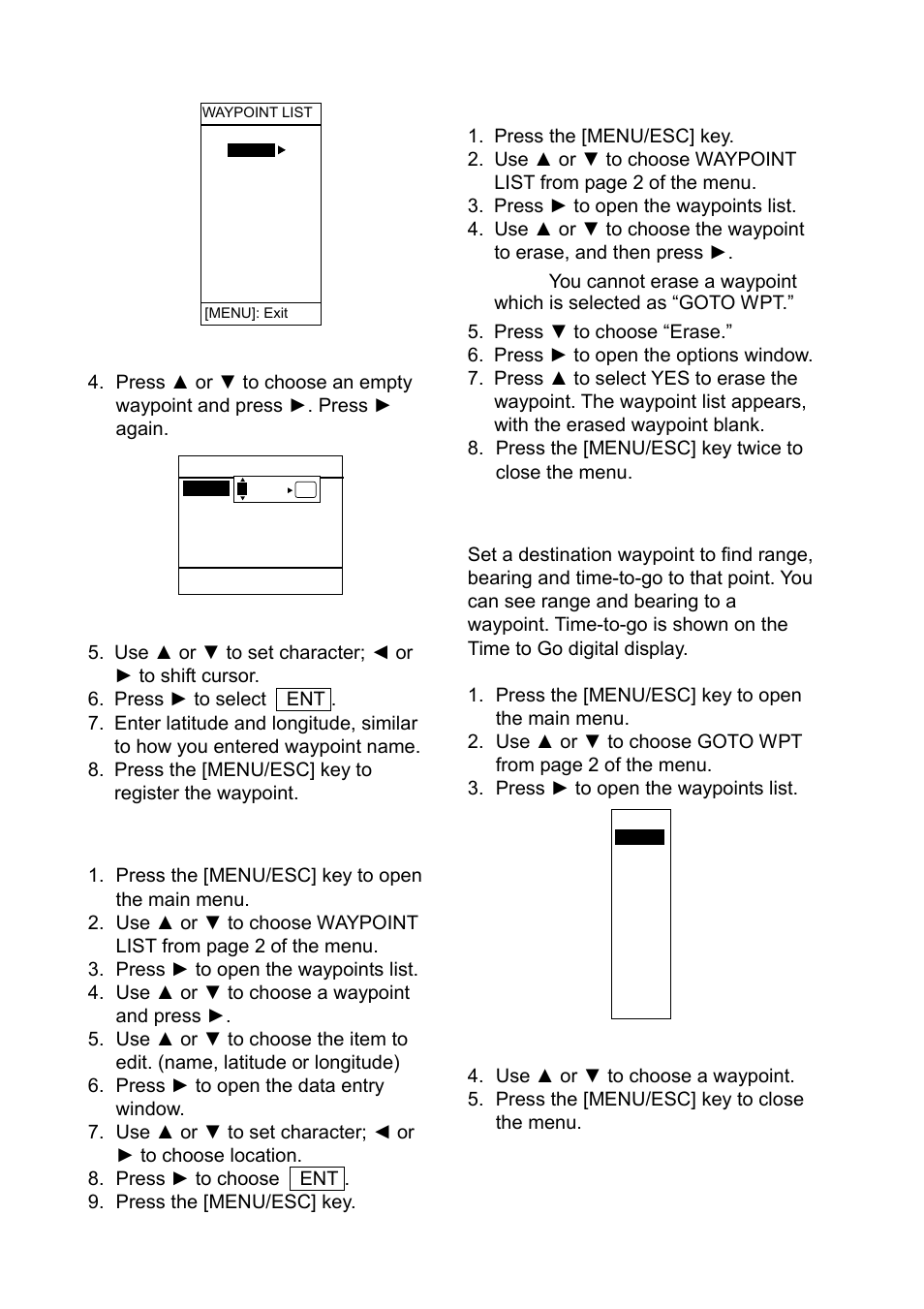 Editing waypoints, Erasing waypoints, Setting destination waypoint | Furuno Ls4100 User Manual | Page 20 / 48