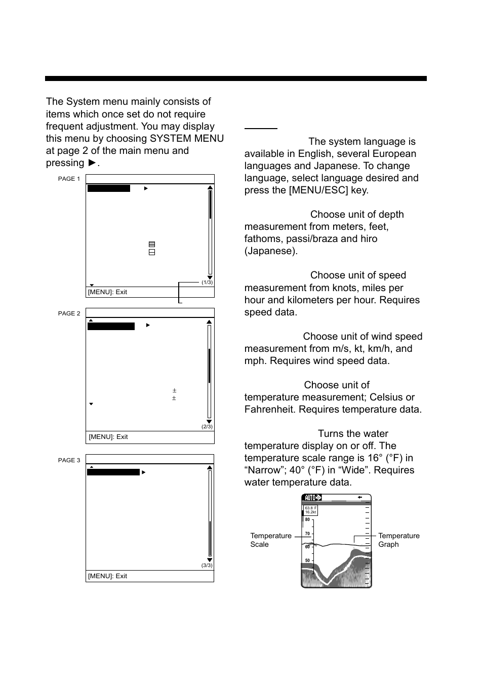 System menu, 1 system menu, System menus | Water temperature display (wide, °f) | Furuno Ls4100 User Manual | Page 24 / 48