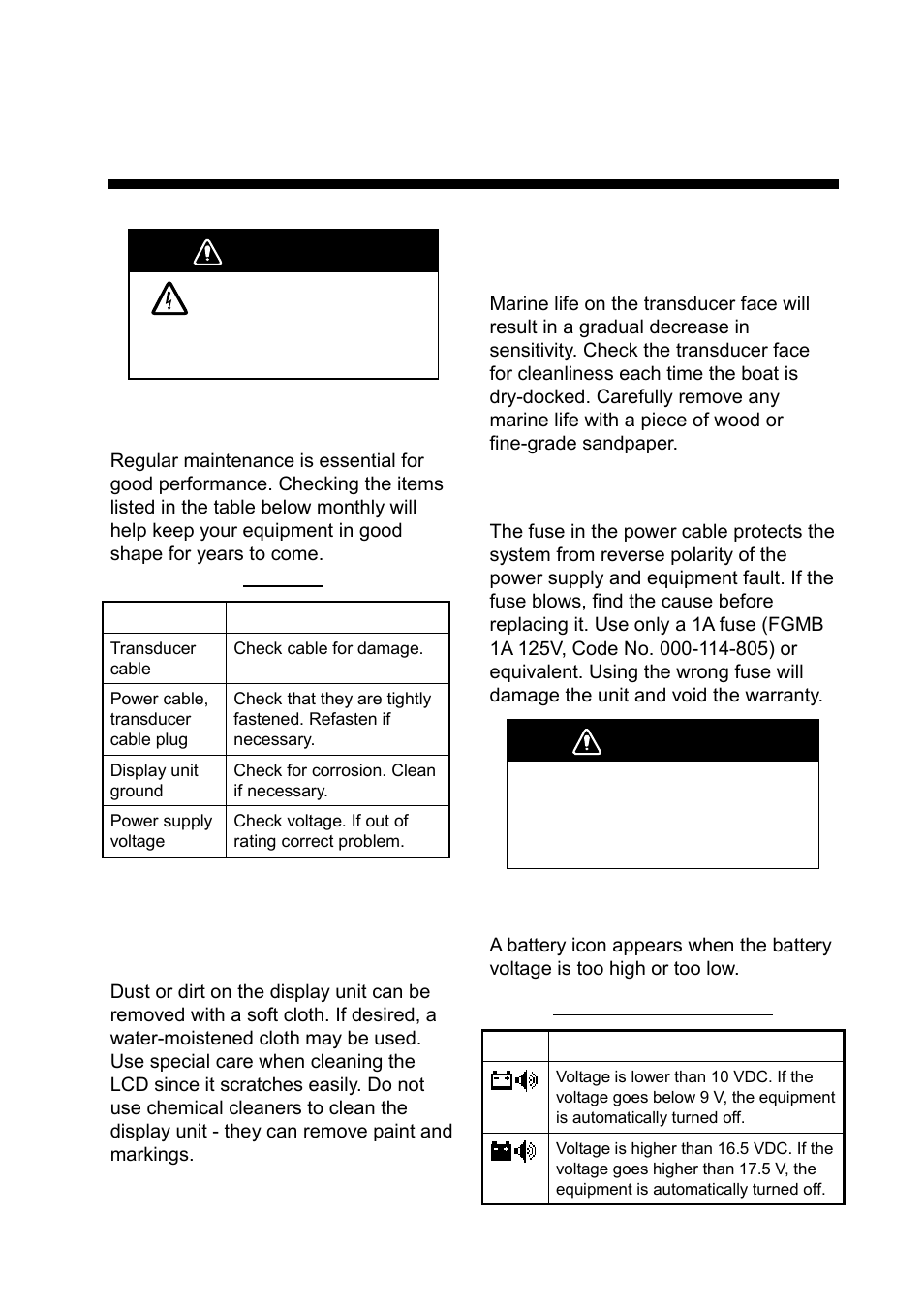 Maintenance, troubleshooting, 1 maintenance, 2 cleaning the display unit | 3 transducer maintenance, 4 replacing the fuse, 5 battery voltage alert, Warning | Furuno Ls4100 User Manual | Page 27 / 48