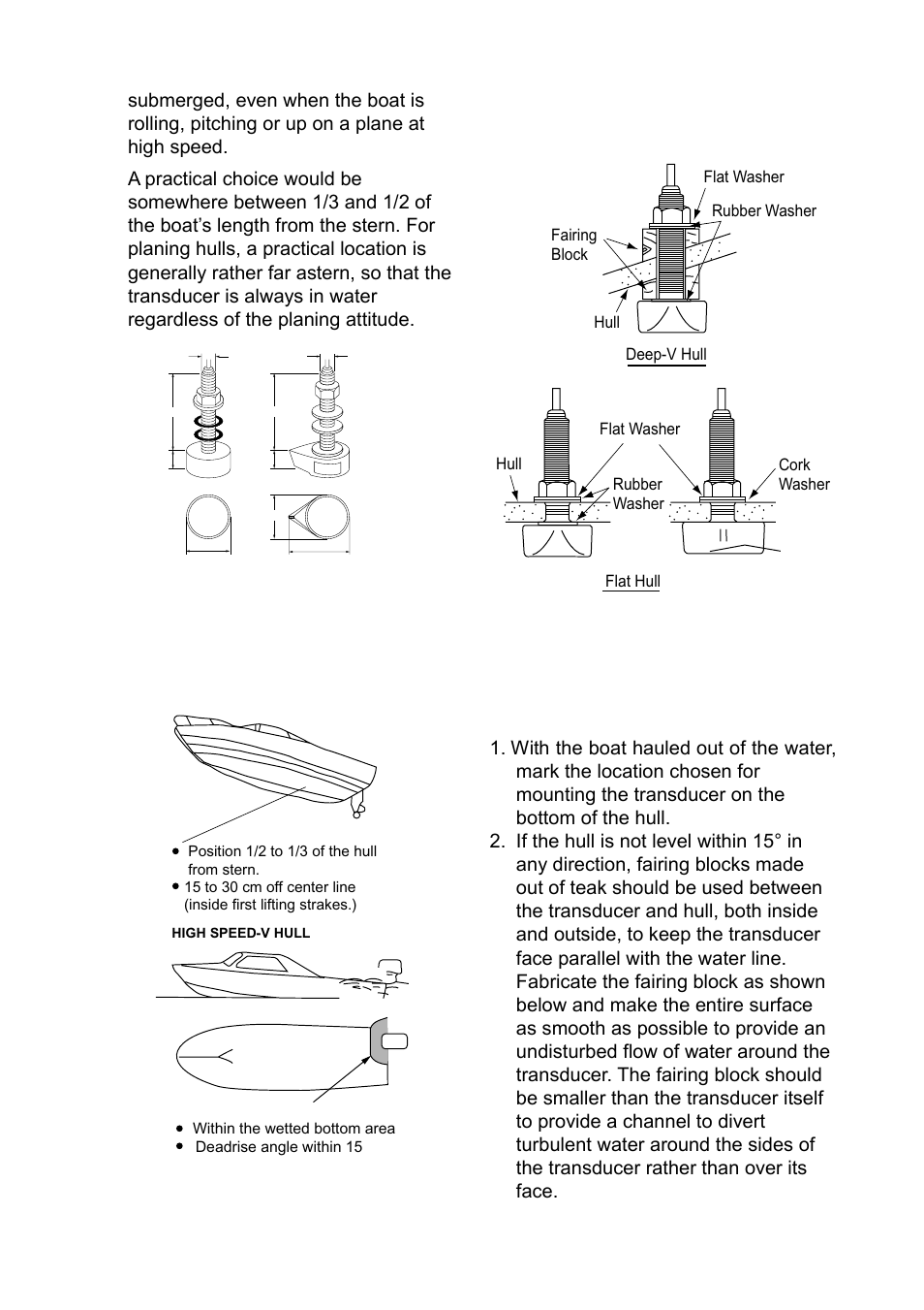 Acceptable transducer mounting locations, Typical thru-hull mount transducer installations | Furuno Ls4100 User Manual | Page 31 / 48