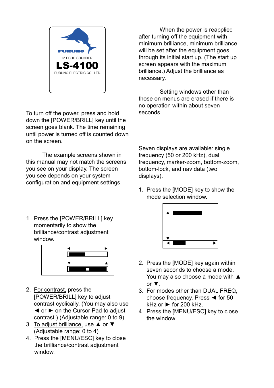 3 adjusting display contrast, brilliance, 4 choosing a display, frequency, Ls-4100 | Furuno Ls4100 User Manual | Page 8 / 48
