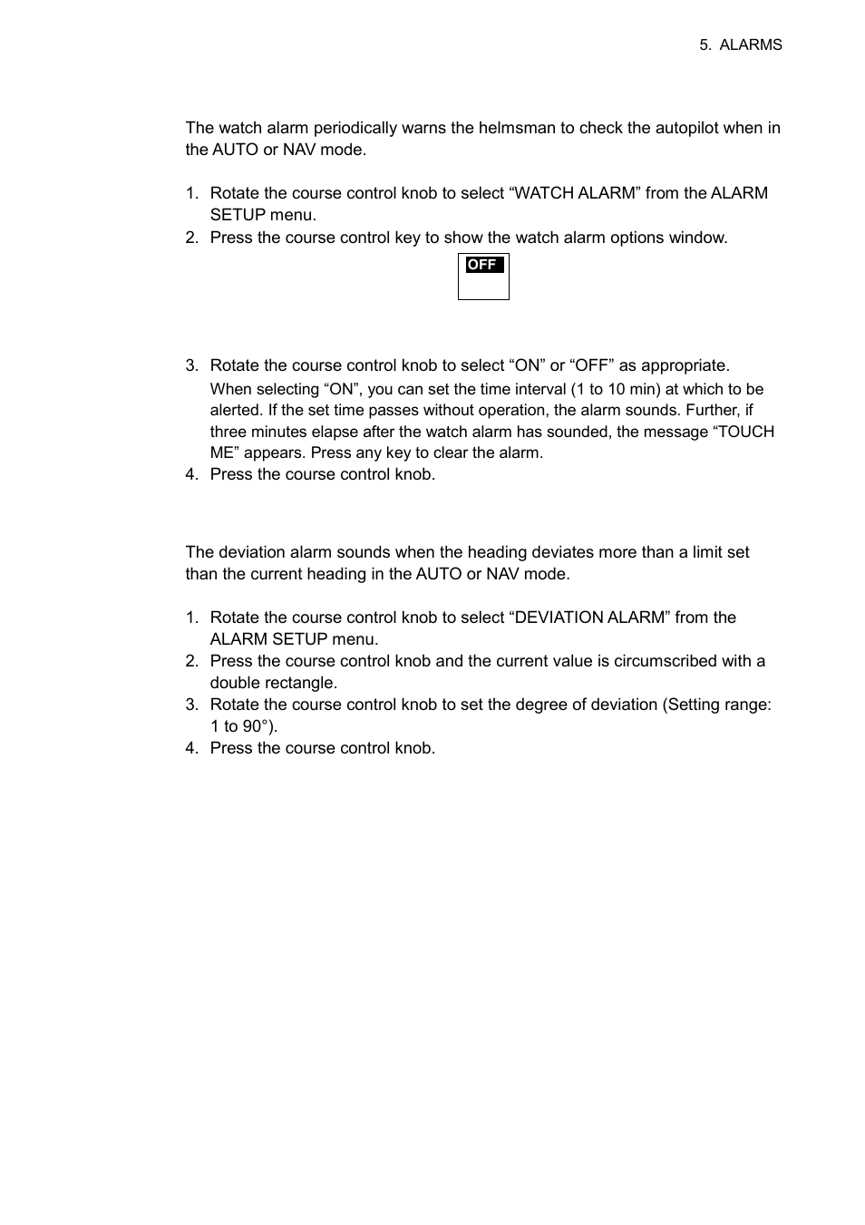 3 5.1.3 setting the watch alarm, 4 setting the heading deviation alarm | Furuno 520 User Manual | Page 53 / 73