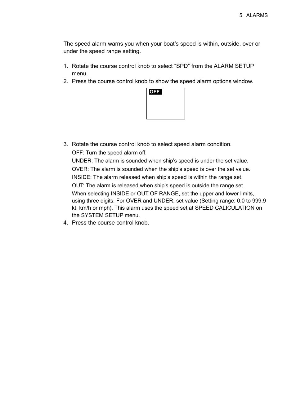 5 5.1.6 setting the speed alarm | Furuno 520 User Manual | Page 55 / 73