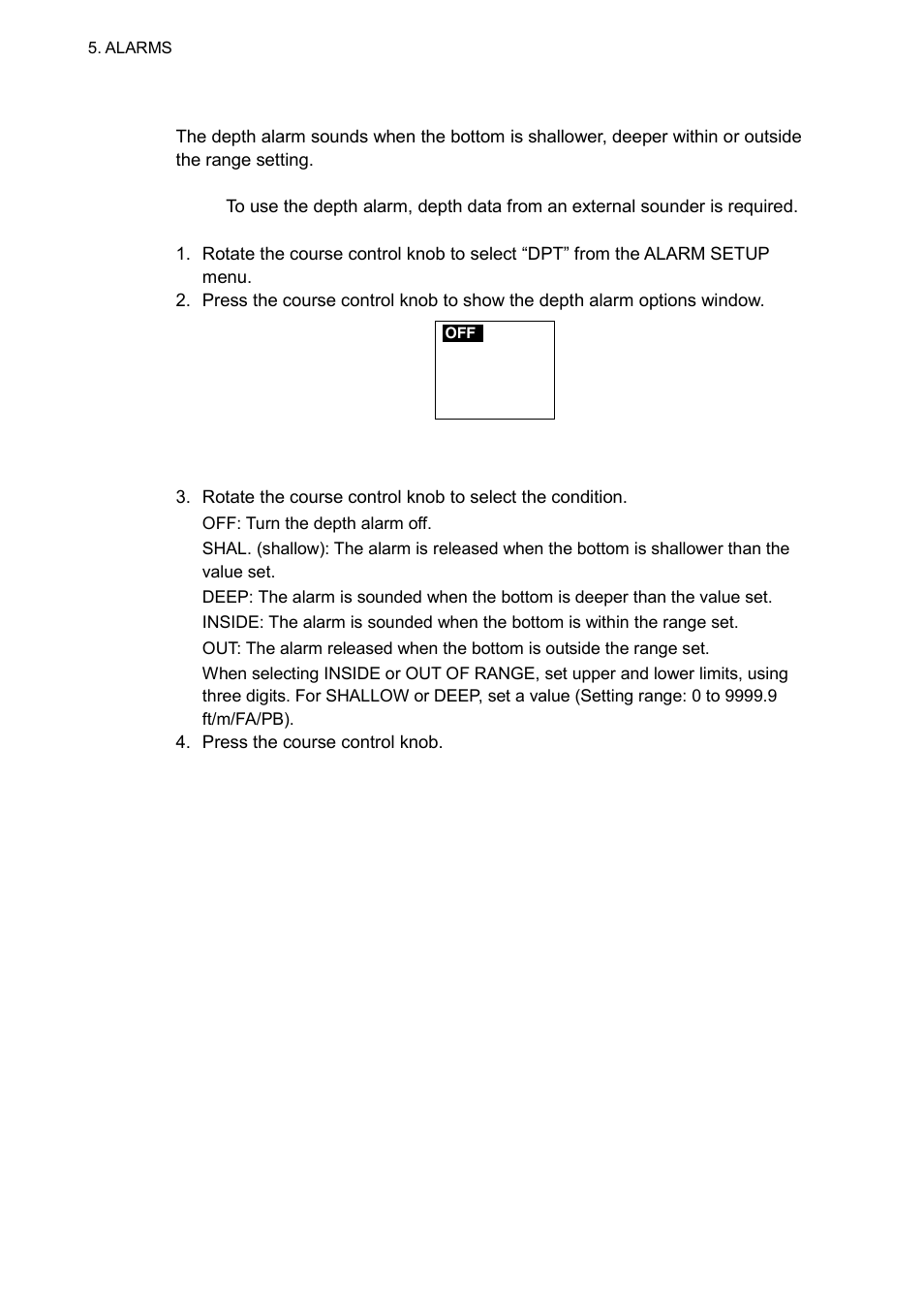 6 5.1.7 setting the depth alarm | Furuno 520 User Manual | Page 56 / 73