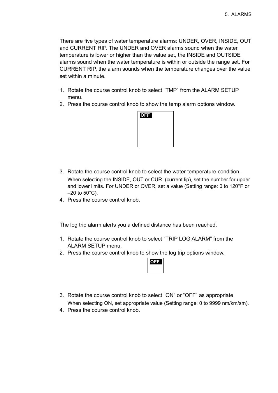 7 5.1.8 setting the temperature alarm, 9 setting the trip distance alarm | Furuno 520 User Manual | Page 57 / 73