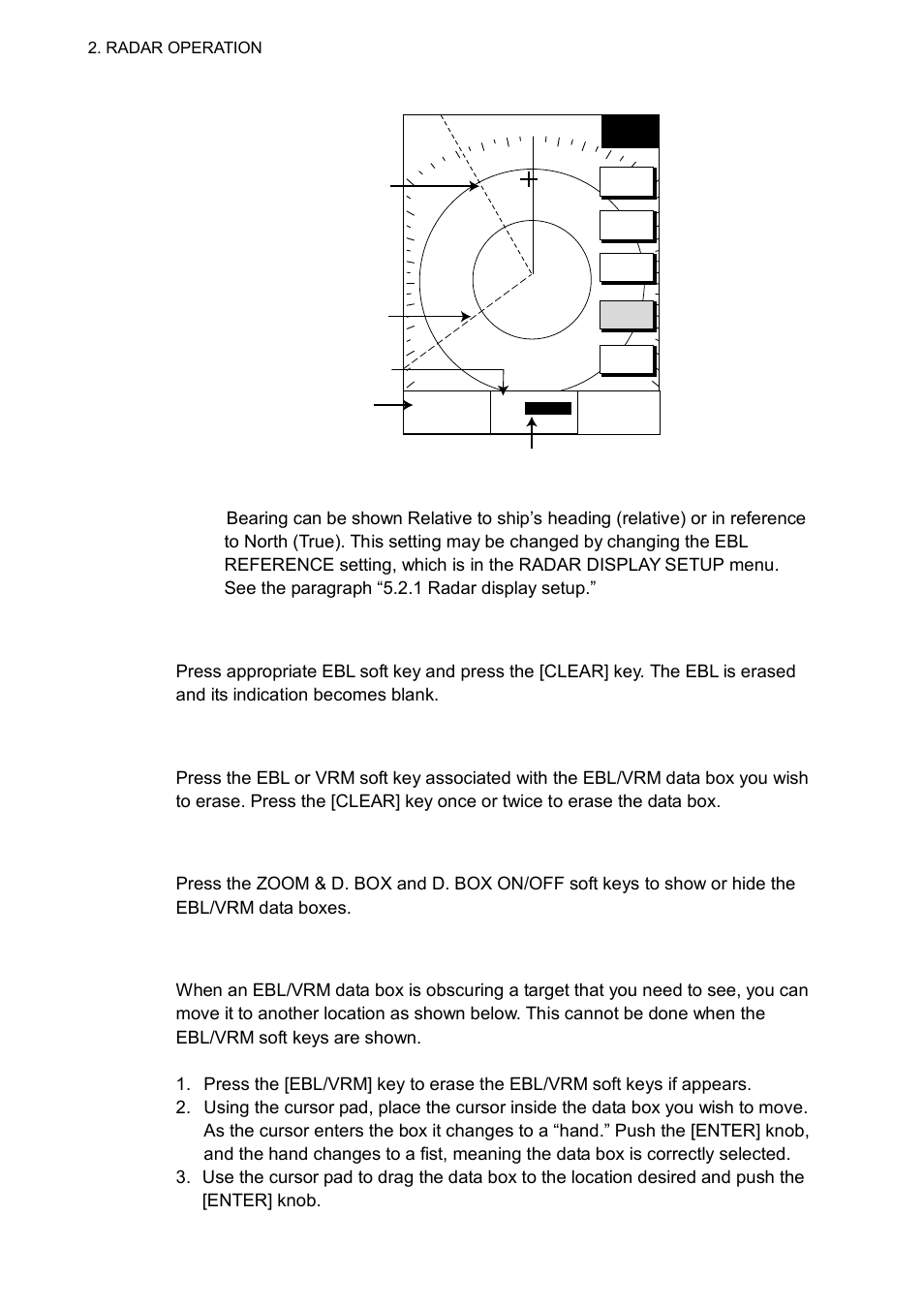 3 erasing an ebl, ebl indication, 4 erasing ebl/vrm data boxes, 5 hiding ebl/vrm data boxes | 6 moving ebl/vrm data boxes | Furuno NAVNET 1752C User Manual | Page 50 / 260