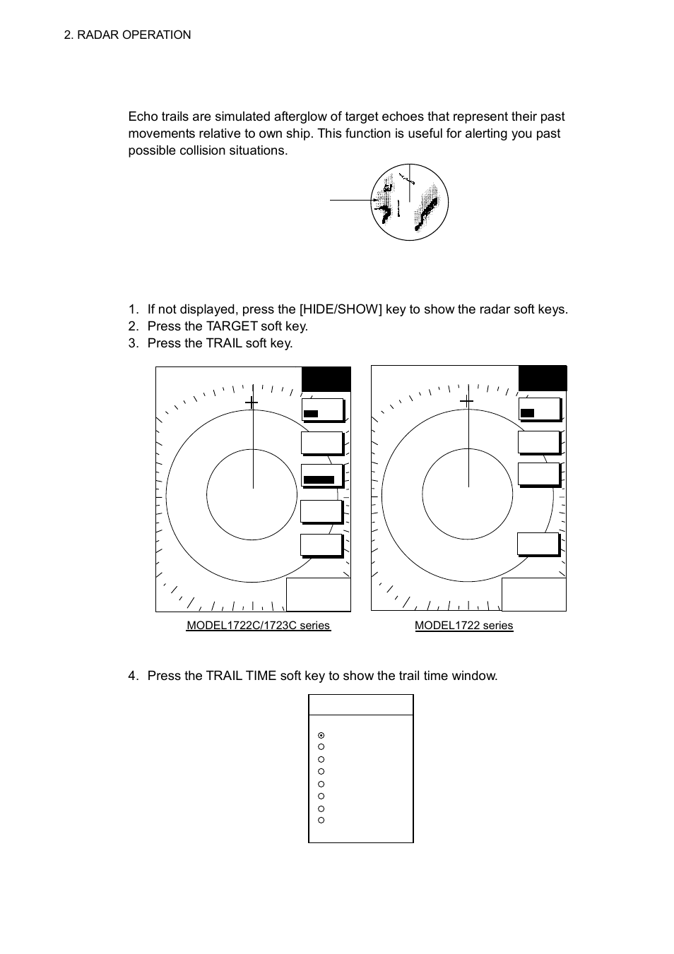 18 echo trails, 1 trail time, H-up | Furuno NAVNET 1752C User Manual | Page 58 / 260