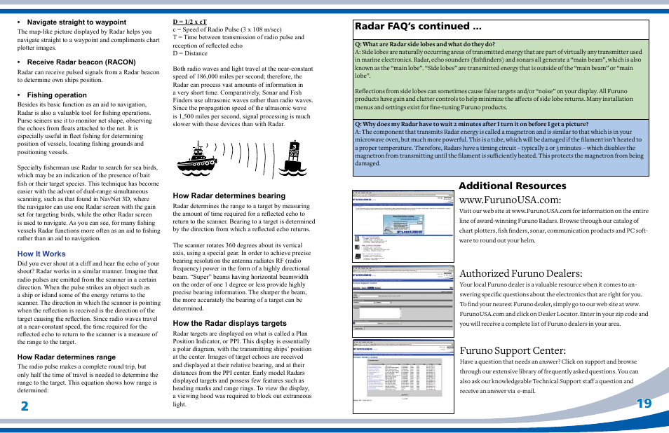 Furuno support center, Authorized furuno dealers, Radar faq’s continued | Additional resources | Furuno Marine Radar User Manual | Page 21 / 24