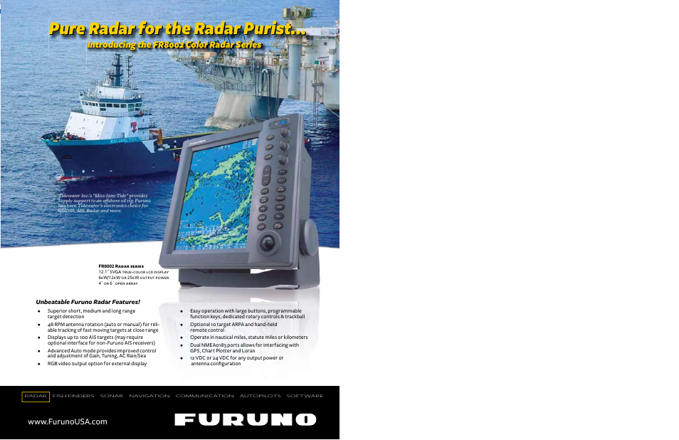 Operator’s guide to marine radar, Pure radar for the radar purist, Introducing the fr8002 color radar series | Furuno Marine Radar User Manual | Page 24 / 24