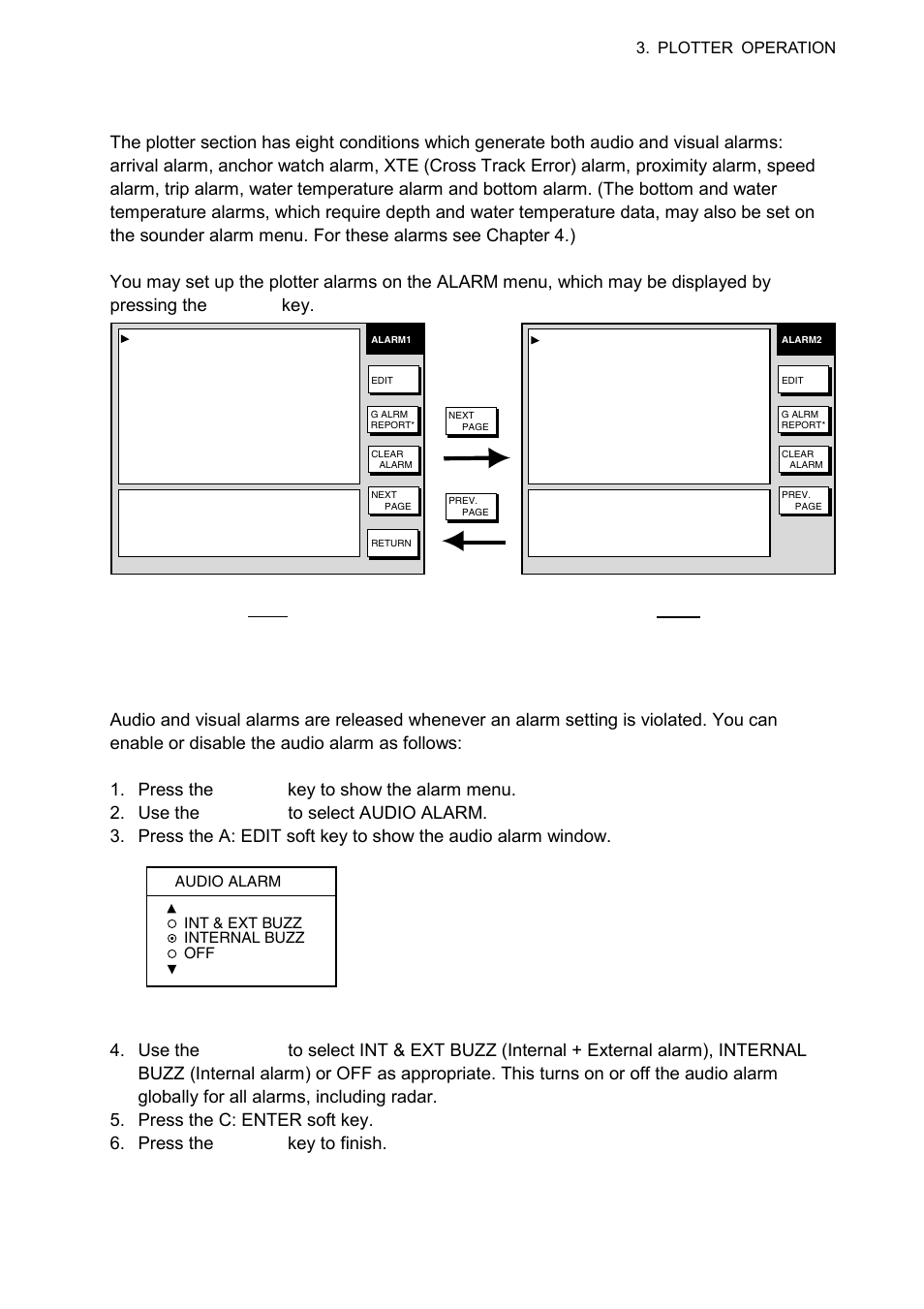 11 alarms, 1 audio alarm on/off, Plotter alarm menu | Furuno 1834C-BB User Manual | Page 110 / 233