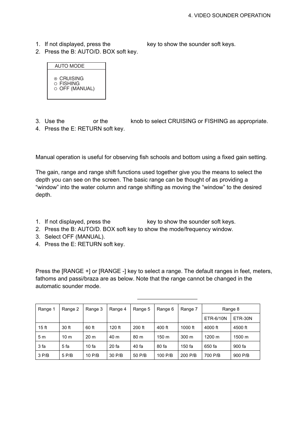 3 manual sounder operation, 7 4.2.3 how to enable automatic sounder operation, 1 selecting the manual mode | 2 selecting display range | Furuno 1834C-BB User Manual | Page 126 / 233