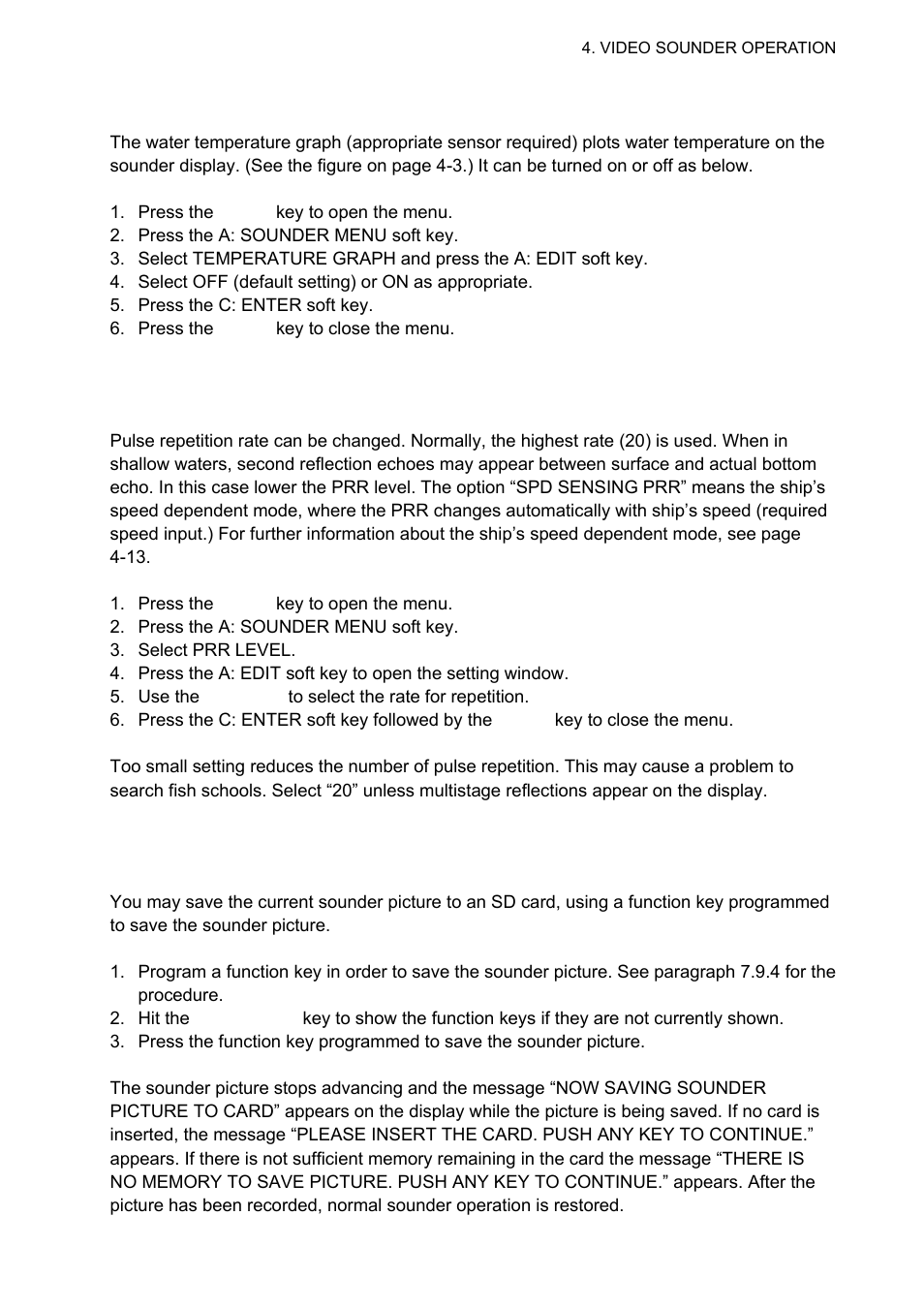 12 water temperature graph, 13 changing pulse repetition rate, 14 saving sounder picture to an sd card | Furuno 1834C-BB User Manual | Page 138 / 233