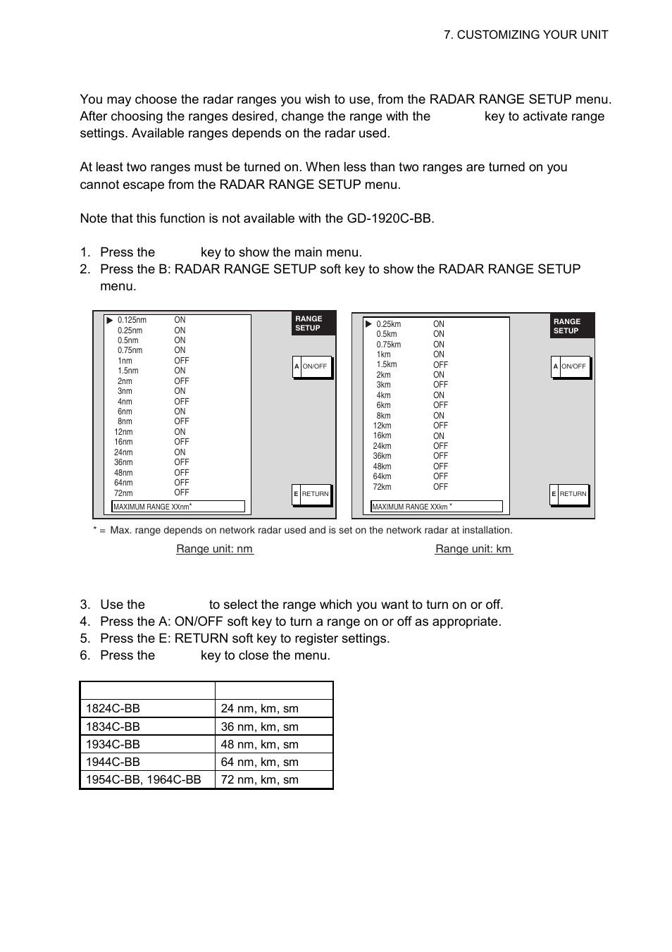 7 7.2.2 radar range setup | Furuno 1834C-BB User Manual | Page 162 / 233