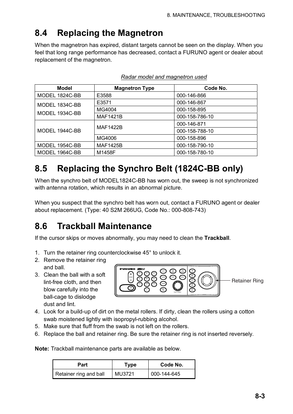4 replacing the magnetron, 5 replacing the synchro belt (1824c-bb only), 6 trackball maintenance | Retainer ring, Maintenance, troubleshooting | Furuno 1834C-BB User Manual | Page 196 / 233