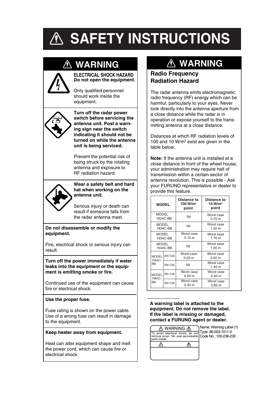 Safety instructions, Warning, Radio frequency radiation hazard | Electrical shock hazard | Furuno 1834C-BB User Manual | Page 2 / 233