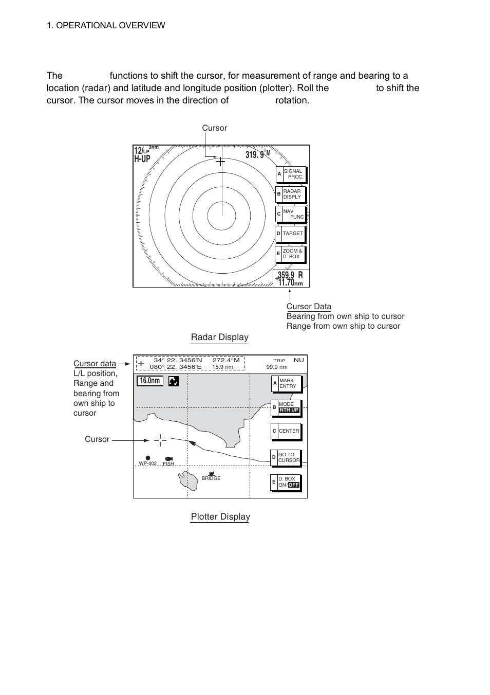 6 trackball, cursor, 12/ h-up, Cursor, cursor data | Radar display plotter display | Furuno 1834C-BB User Manual | Page 21 / 233