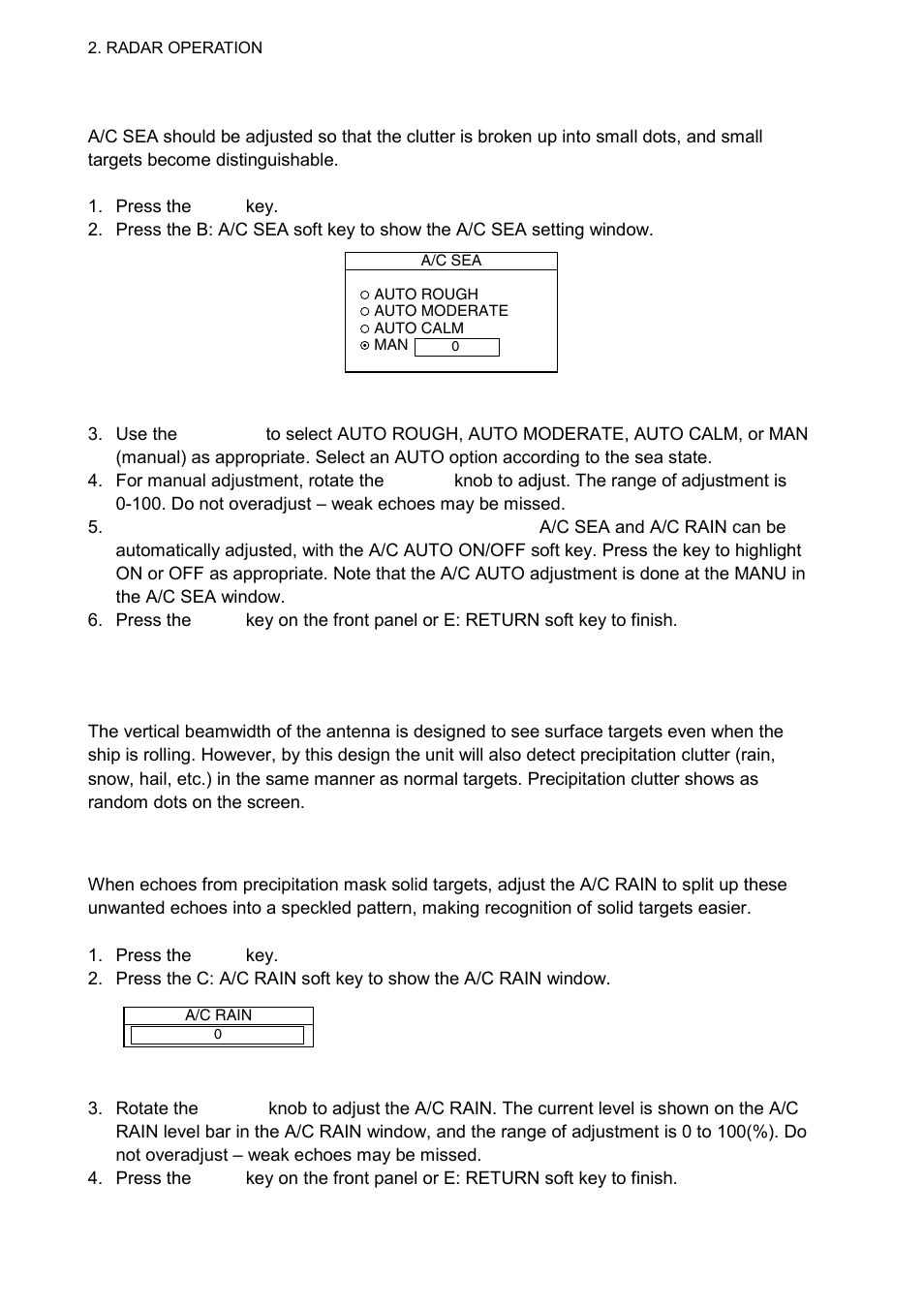 6 reducing precipitation clutter, 4 2.5.2 adjusting the a/c sea, 1 adjusting the a/c rain | Furuno 1834C-BB User Manual | Page 31 / 233
