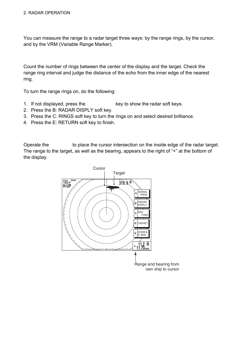 10 measuring the range, 1 measuring range by range rings, 2 measuring range by cursor | 12/ h-up | Furuno 1834C-BB User Manual | Page 35 / 233